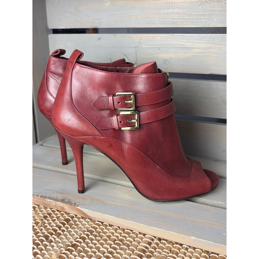 Michael Kors Red Leather Peep Toe Ankle Boots Gold Buckle Zip Stiletto 9M